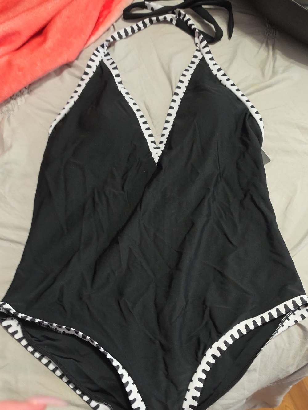 Black Halter One-Piece Swimsuit with White Trim